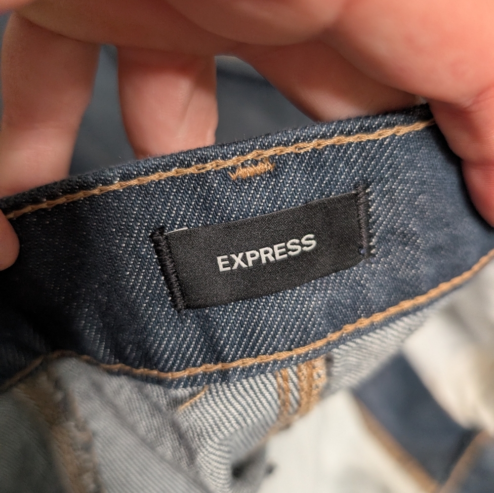 Express 70s Midrise Dark Blue Flare Gold/Copper Seam Button Accent Jeans Size 8R - Picture 7 of 8